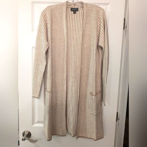 New Fortune & Ivy open front cable knit camel neutral long cardigan sweater sz L - Picture 1 of 8
